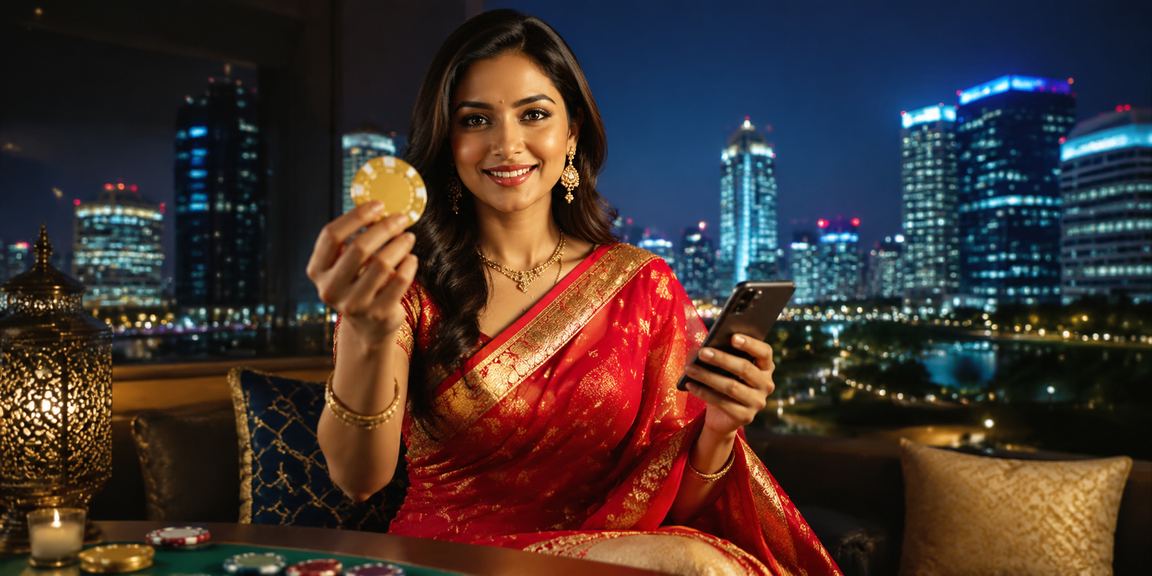 Indian woman playing rummy online in a colorful saree atmosphere