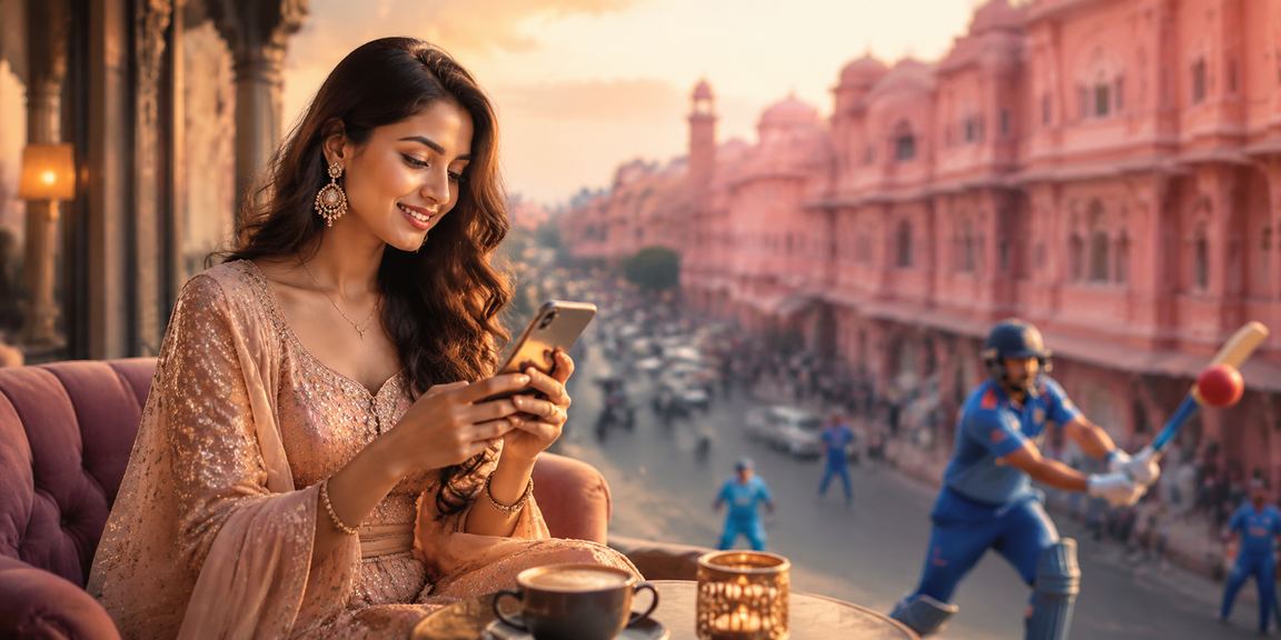 Mobile Aviator gaming scene in Jaipur with traditional Bollywood influence